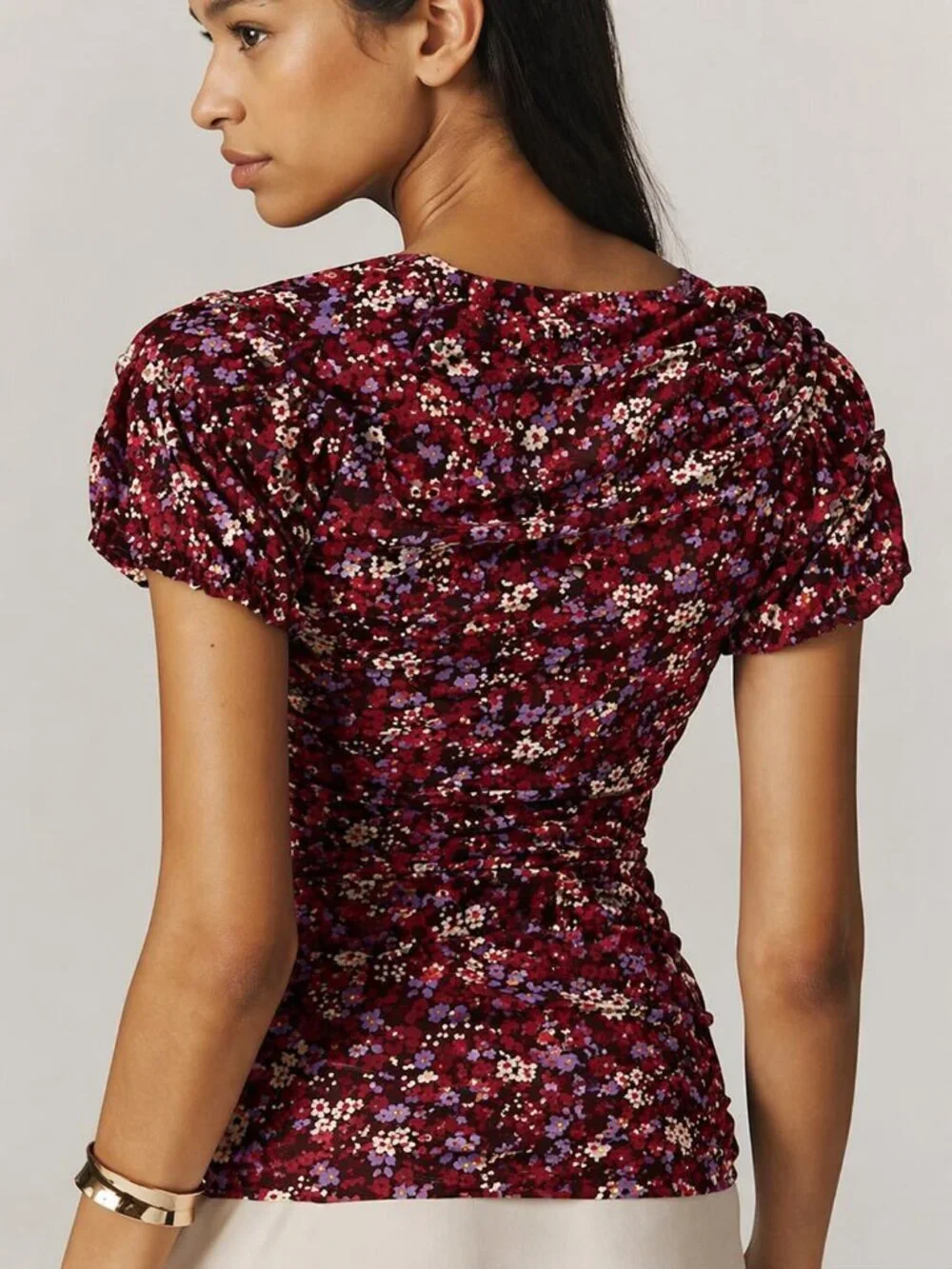 Anthropologie NEW Aurelia Ruched Shirred Red Ditsy Floral Mesh Top SZ Medium Y2K